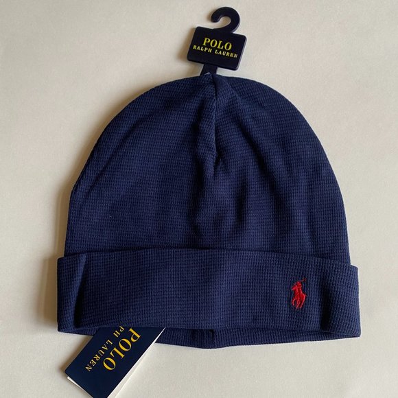 Polo Ralph Lauren Pony Logo Cuffed Thermal Waffle Knit Beanie Ski Hat Cap Navy - Picture 1 of 2